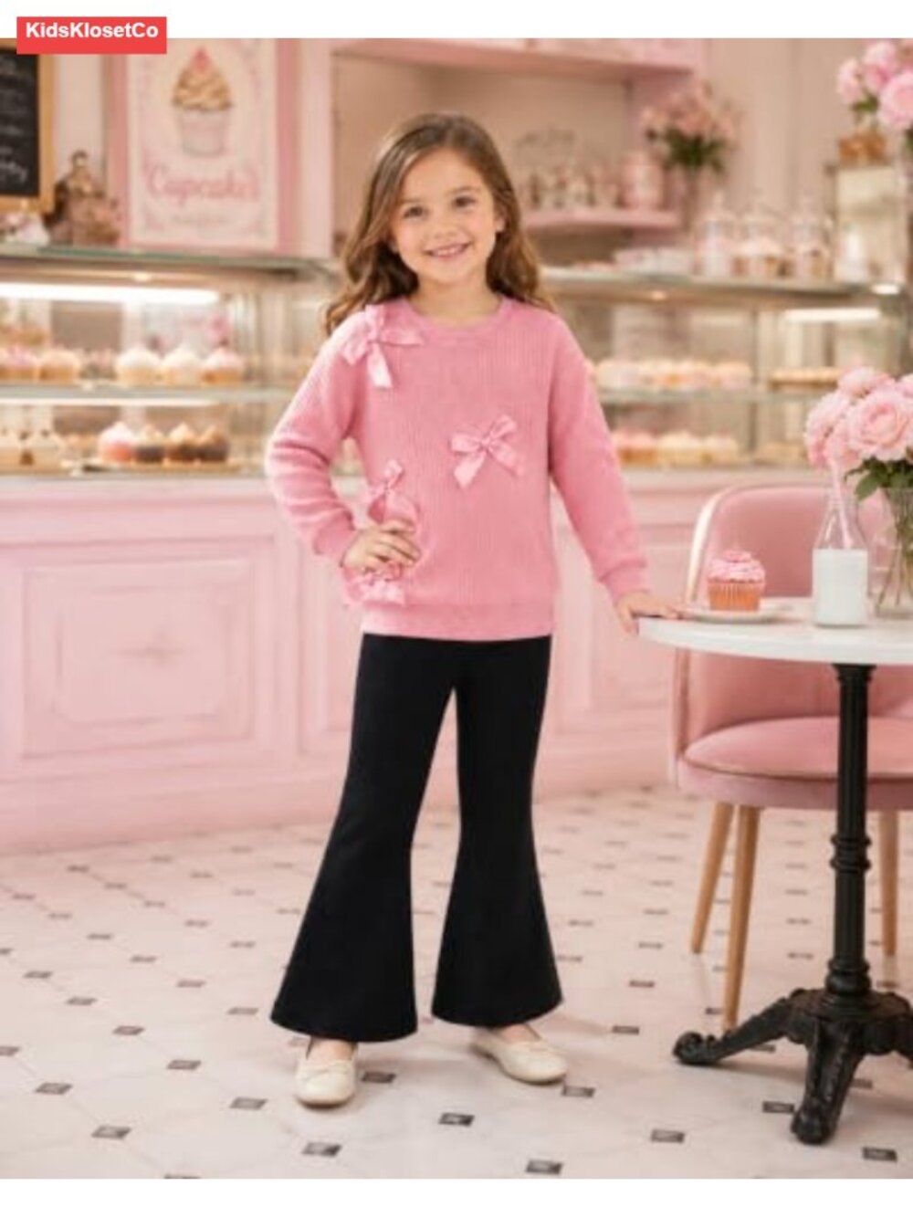Girls Ribbed 2-Piece Set Fall Winter Outfit Bell Bottoms 3-8Y - Picture 3 of 6